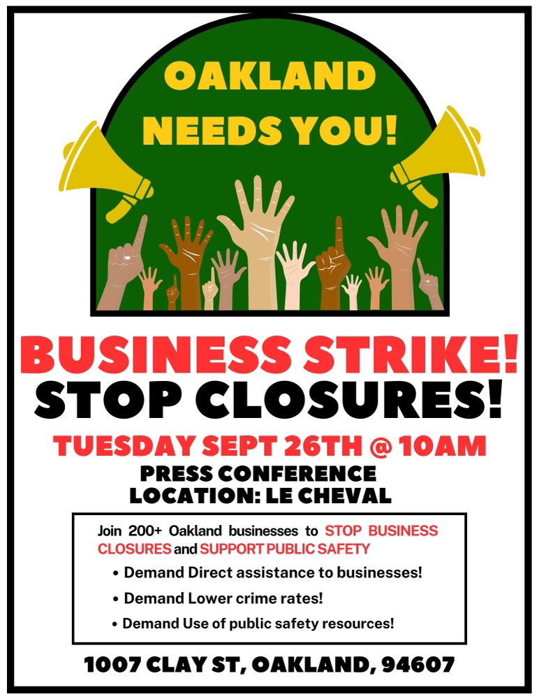 Oakland businesses will go on strike, close for 2 hrs on Tuesday 9/26. Some will close for an entire day, most will close from 10am-12pm. I’m told roughly 200 businesses will join. They are fed up with rising crime and demanding city leaders to do more. @KPIXtv