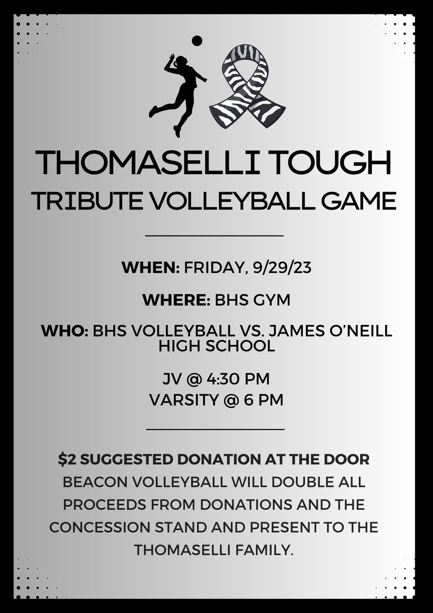 Please come out and support as we honor Mrs. Thomaselli next Friday night. She is a former beacon volleyball player and coach. We want to show her and her family all the love and support we possibly can during this time🖤🤍 #thomasellitough #beacontogether
