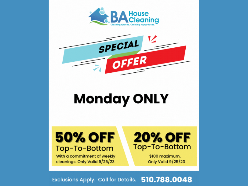 bahousecleaning's tweet photo. This MONDAY ONYL, Sept. 25th, take advantage now! Give us a call!
#housecleaning #oaklandca #castrovalleyca #berkeleyca #cleaning #bayarea #castrovalley #oakland #berkeley #bahousecleaning #stressrelief #homecleaning #qualitytime #eastbayarea https://t.co/QhZ1mlOdM6
