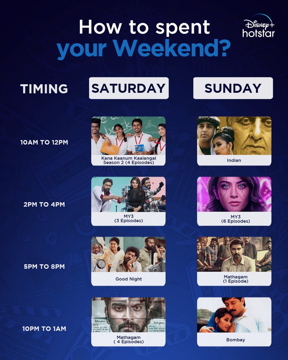 JioHotstartam's tweet image. Unga weekend-ku oru timetable😛

#DisneyPlusHotstar #WeekendWatchlist #MY3 #Mathagam #KanaKaanumKaalangalSeason2 #Bombay #Indian