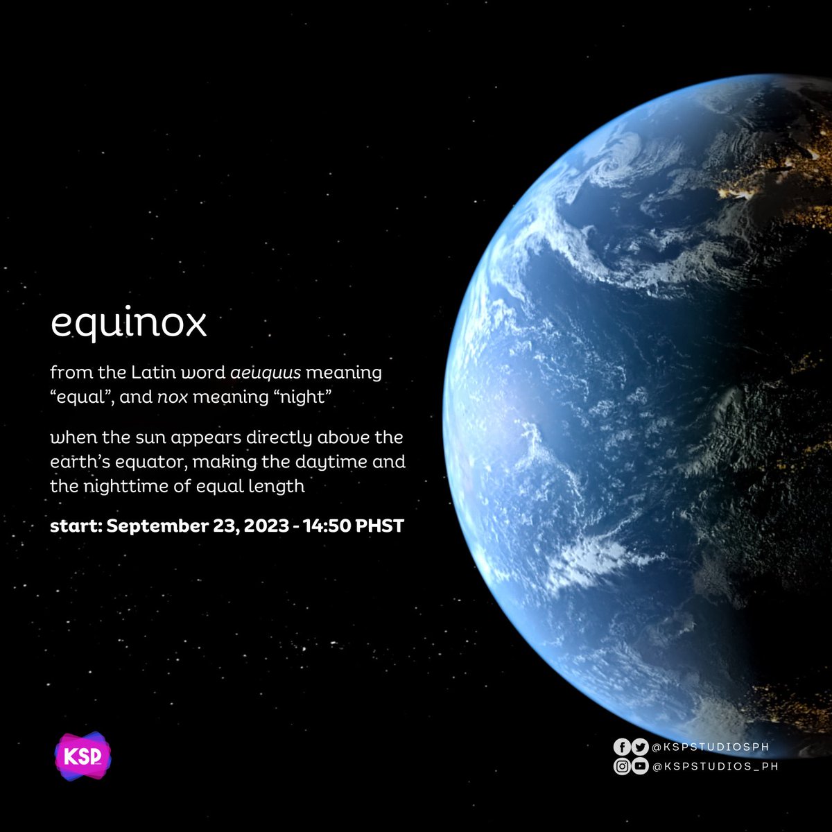 kspstudiosph's tweet photo. Today, the second equinox of the year will mark the start of autumn in the Northern Hemisphere and spring in the Southern Hemisphere.

The autumnal equinox will fall at exactly 2:50 PM (Philippine Standard Time) today, Sept. 23, 2023.

#equinox #kspstudiosph #autumn https://t.co/AJc7TtYoi4