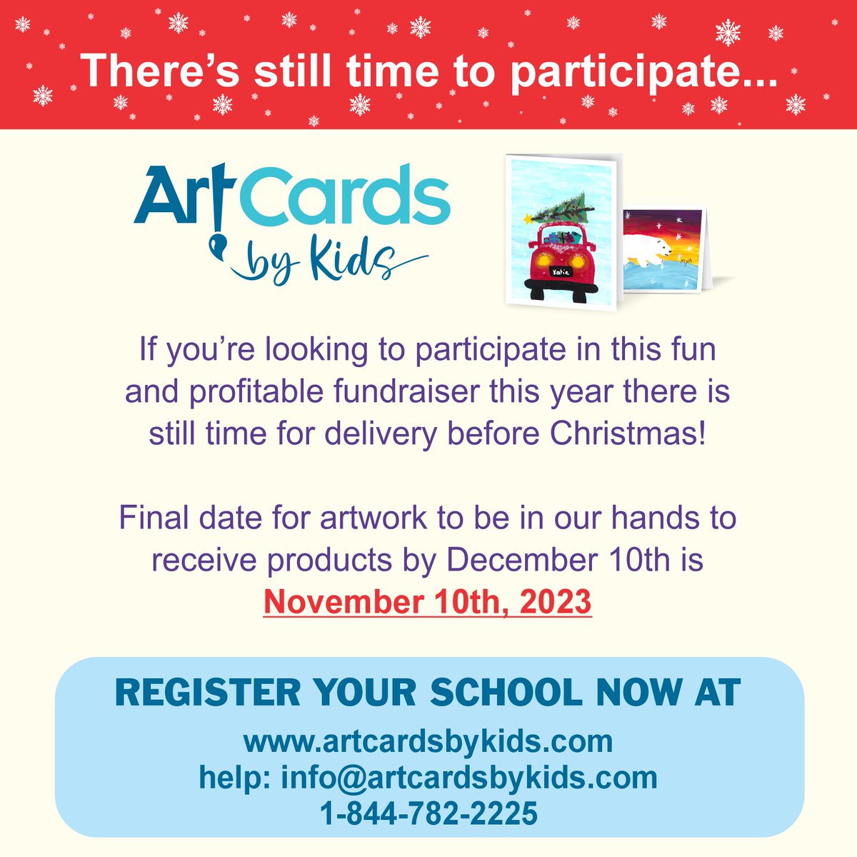 Yes! Schools, there is still time to participate in the Art Cards by Kids fundraiser this year. Register now and have your products delivered in time for the holidays.

#artcardsbykids #artcards #christmasart #fundraiser #elementaryschool #kidsart