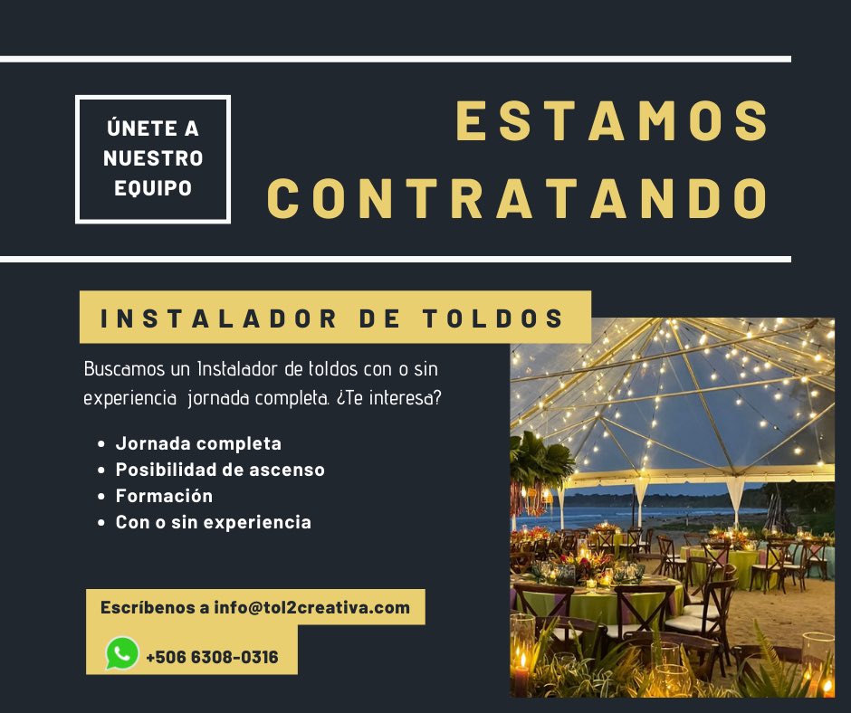 Atención 

Te estamos buscando, si quieres trabajar con nosotros en eventos ponte en contacto con nosotros al correo info@tol2creativa.com o al WhatsApp +506 6308-0316

#hiringnow #teestamosbuscando