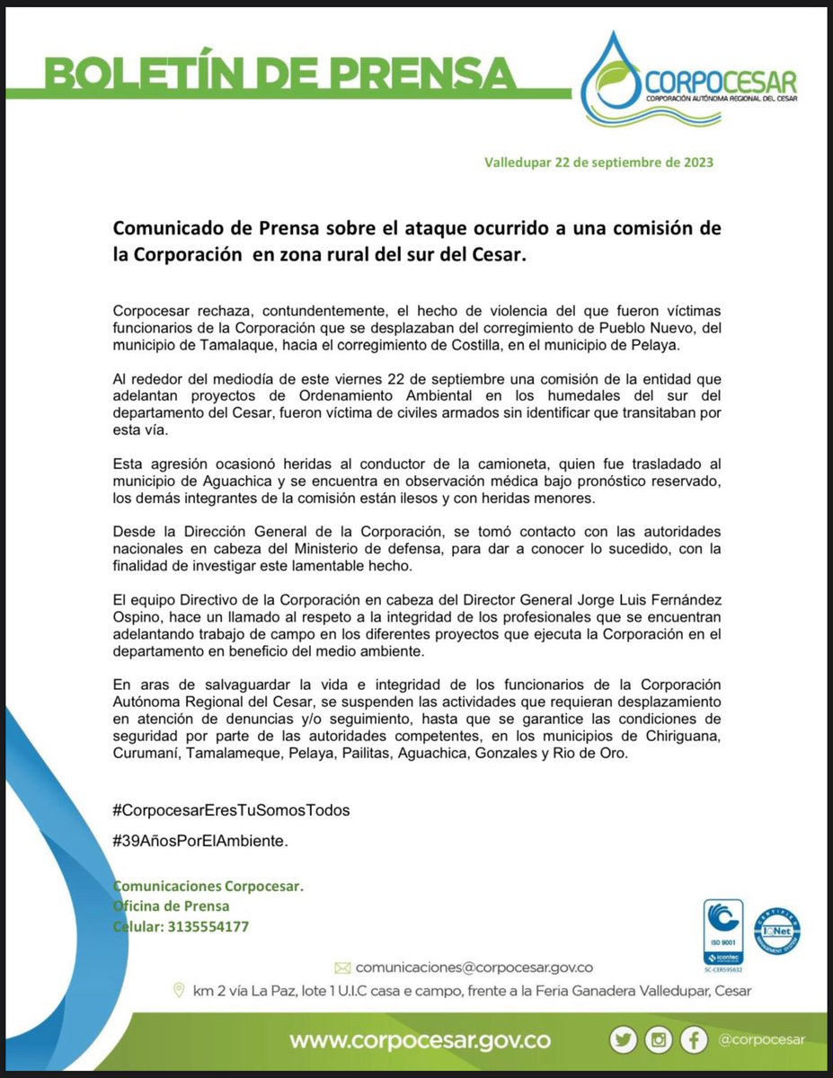 Corpocesar's tweet photo. Corpocesar rechaza, contundentemente el hecho de violencia del que fueron víctimas funcionarios de la Corporación que se desplazaban del corregimiento de Pueblo Nuevo, del municipio de Tamalaque, hacia el corregimiento de Costilla, en el municipio de Pelaya, al sur del Cesar. https://t.co/tTrJIFZ8AP