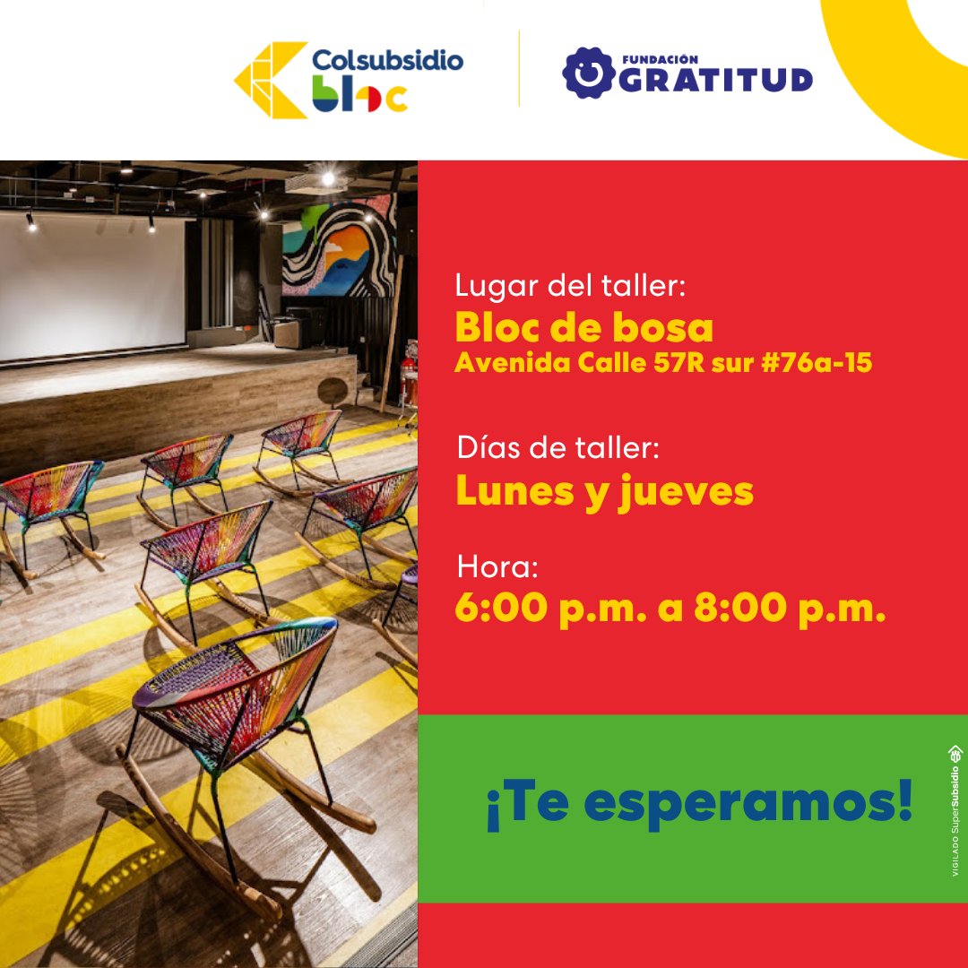 fundgratitud's tweet photo. Colsubsidio y Fundación Gratitud se han unido para brindarte una experiencia artístico-creativa totalmente gratis, en donde podrás tomar talleres.
Lugar:  Avenida calle 57R sur n.º 76A-15, frente a la estación de TransMilenio Bosa.
 ¡Inscríbete!👇🏼
https://t.co/DApDicqDXH https://t.co/gxCWoNhwn8