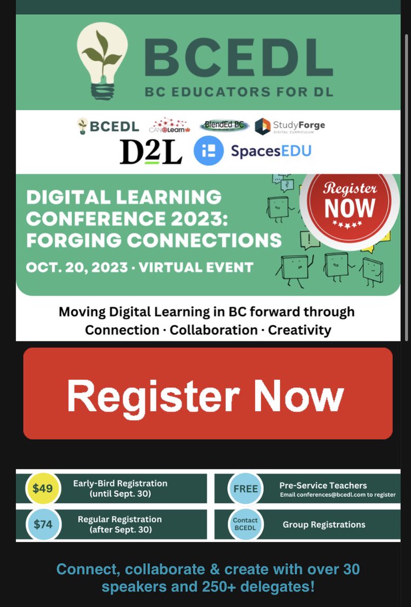🚨📣 Excited to share the registration page for the <a href="/BCEDL/">BCEDL</a> #DLSymp23 conference! I’ll be there to talk <a href="/D2L/">D2L</a> #Brightspace for BC and what we can do to make tech-enhanced, and online learning, even better. Looking forward to a very inspiring #bced PSA DAY! 

cm.pn/d4cr