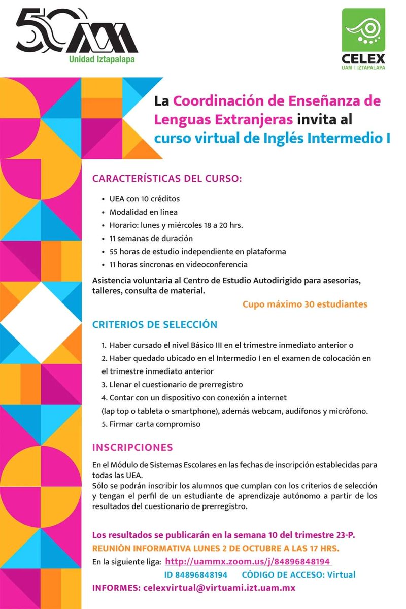 UAM_Iztapalapa's tweet photo. ¡CHEQUEN ÉSTO PANTERAS BILINGÜES!💚🙋‍♂️🙋‍♀️
Curso de Inglés Intermedio I en modalidad Virtual✏️💻
¡Invita la Coordinación de Enseñanza de Lenguas Extranjeras!
+INFORMACIÓN:    celexvirtual@virtuami.izt.uam.mx 

#UAMI #CODAI #CELEX #VIRTUAMI #INGLÉS #INTERMEDIO #MOODLE #ZOOM #PANTERAS https://t.co/zWkVUwOTzd
