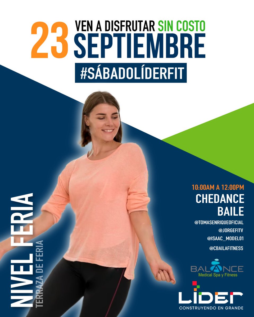 CCLIDER's tweet photo. Mañana ven a disfrutar a partir de las 10:00am sin costo alguno de los Sábados Fit en la Terraza del Nivel Feria 🧘♀️🏋♀🥊💃.
Premios y sorpresas.
La entrada es libre y contamos con todas las medidas de bioseguridad. 😷
#Chedance #Baile #SábadoFit https://t.co/InyaQ1KecH