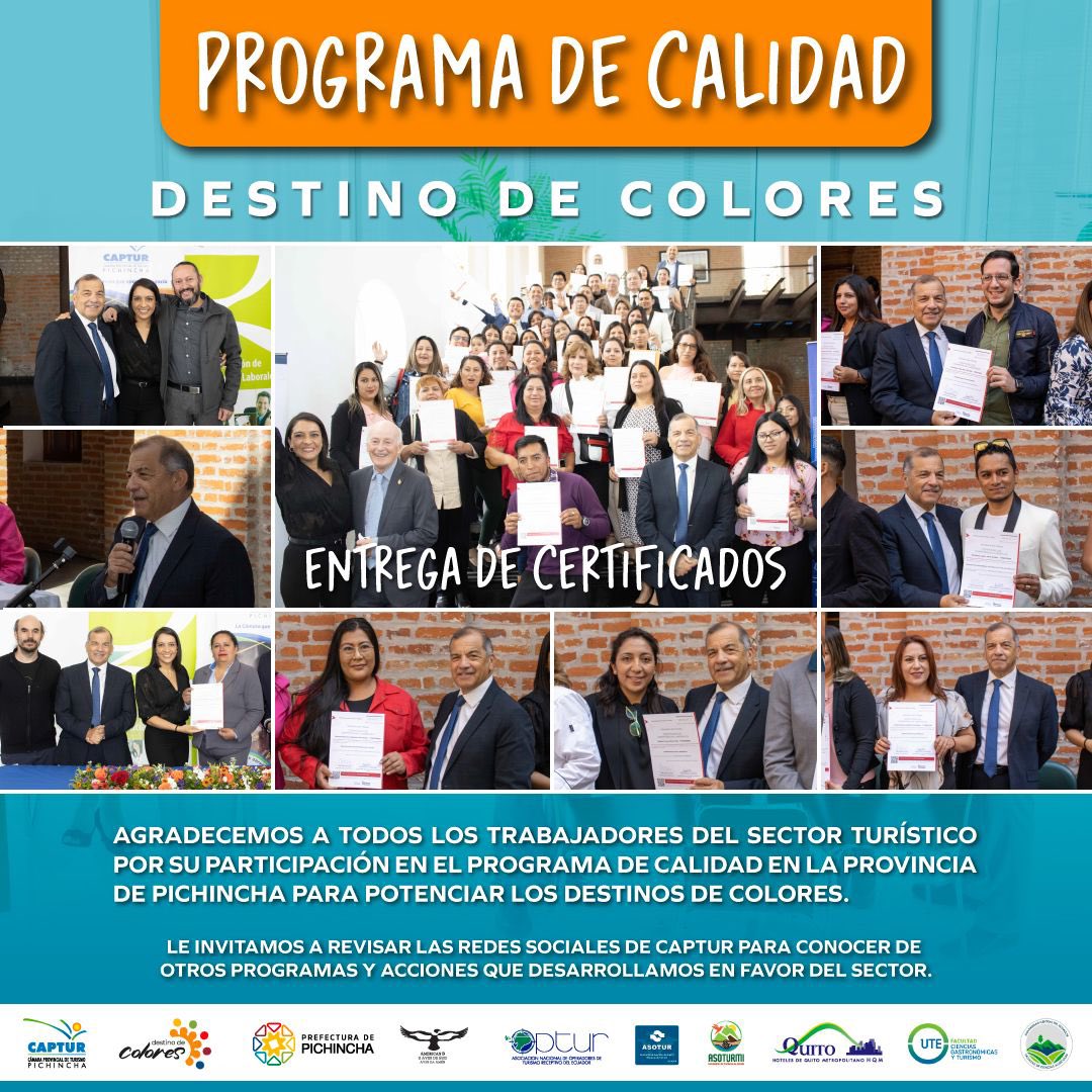 CAPTURPICHINCHA's tweet photo. Agradecemos a todos los trabajadores del Se tor Turístico por su participación en el Programa de Calidad en la provincia de Pichincha para potenciar los Destinos de Colores.
#ProgramaDeCalidad #DestinosDeColores #Pichincha https://t.co/bn3iWliu2R