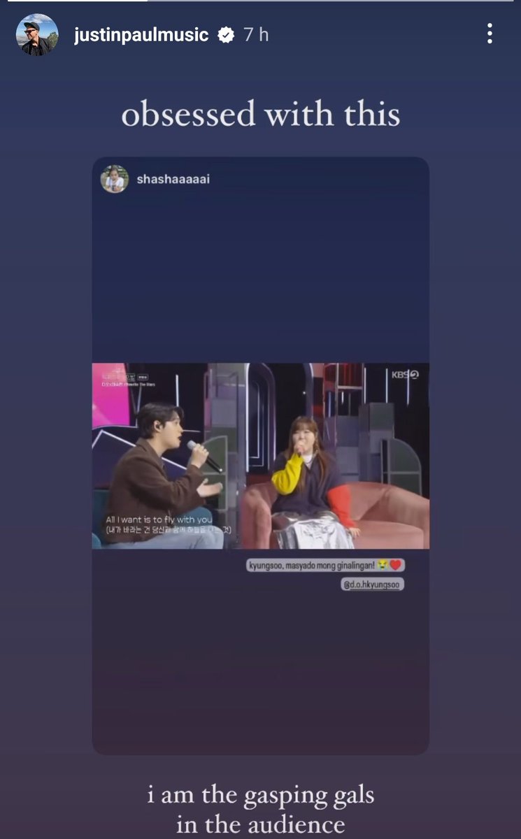 exoxsbclcdks's tweet photo. Justin Paul (justinpaulmusic on instagram) one of the writers of Rewrite the Stars saw the video of Kyungsoo and Suhyun singing the song and got obsessed with it! 😭♥️

#DohKyungSoo #DO(D.O.) #디오 https://t.co/dKsbg1HaPe