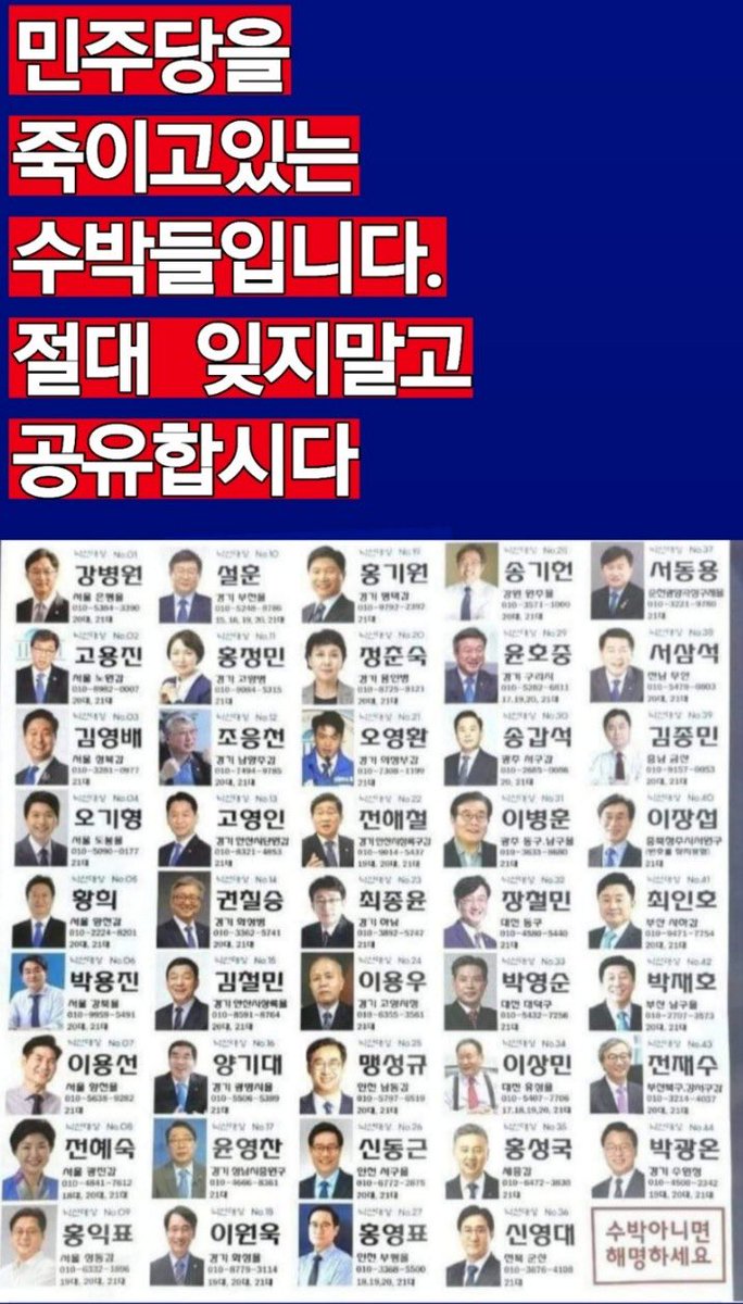 39명의 수박들을 쳐내면
민주당은<혁신정당-민생정당-민의정당>이 됩니다

문재인 정부의 개혁정책 실패 원인의 가운데 토막은 수박들이었습니다

이재명 대표를 중심으로 139명의 바른 의원들과 당원-지지자에 남은 것은 단결과 고건분투만 남았습니다

민주당의 압도적 승리만이 윤석열을 박멸한다