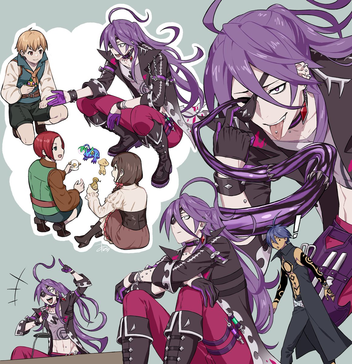 multiple boys purple hair eyepatch squatting brown hair long hair tongue out  illustration images