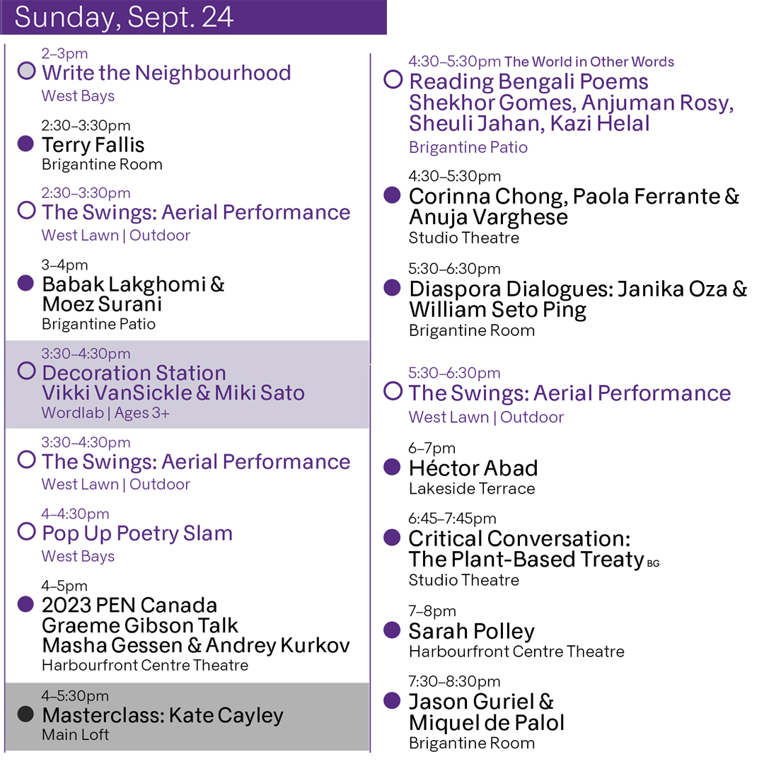 Are you looking for something to do this weekend? We have full schedule of conversations, workshops, #TIFAkids activities, performances and more. Browse the schedule for September 23 &amp; 24 below. Get all the event details here: bit.ly/3ZrTENa #Toronto #CultureDays