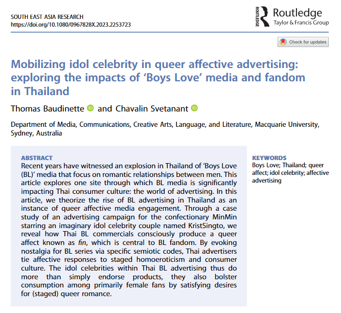 tbaudinette's tweet photo. Happy to announce my newest publication with @SChavalin in @SEAsiaResearch! Using #KristSingto's campaign for @minminth, we unpack how #BL celebrity couples are impacting Thai advertising culture and circulating queer affects! https://t.co/XwhBBDUtcg