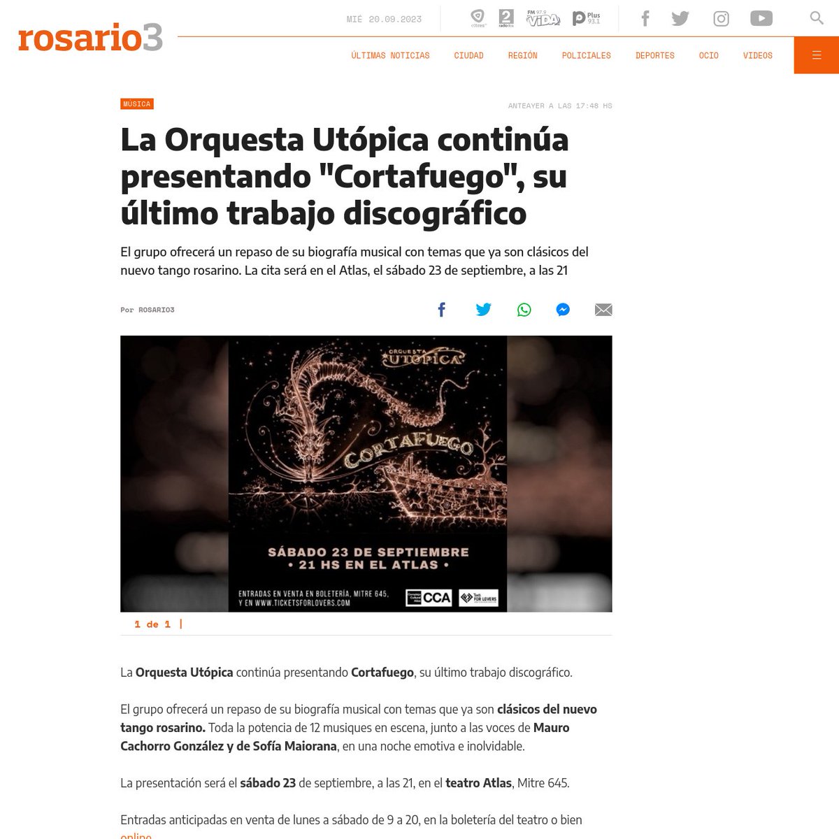 📰Gracias <a href="/Rosariotres/">Rosario3.com</a> por la nota!
Mañana 21 hs tocamos en <a href="/CCAtlas/">CCA</a> !!

#tango #Musica #rosario3 #musicaenvivo