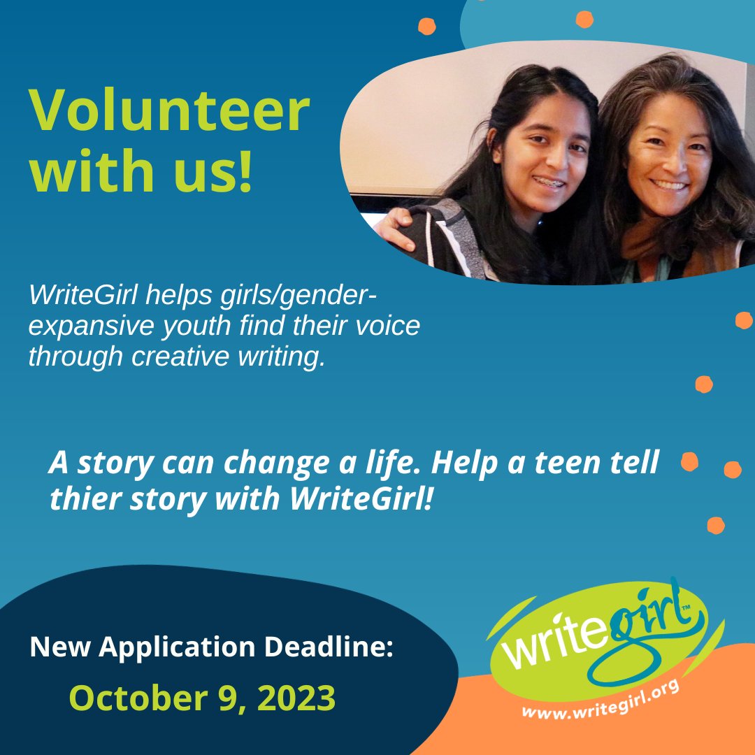 Spark curiosity that can fuel a lifetime of creativity. Volunteer with WriteGirl! Our Volunteer Application deadline has been extended to October 9th! bit.ly/3Rxnm1A