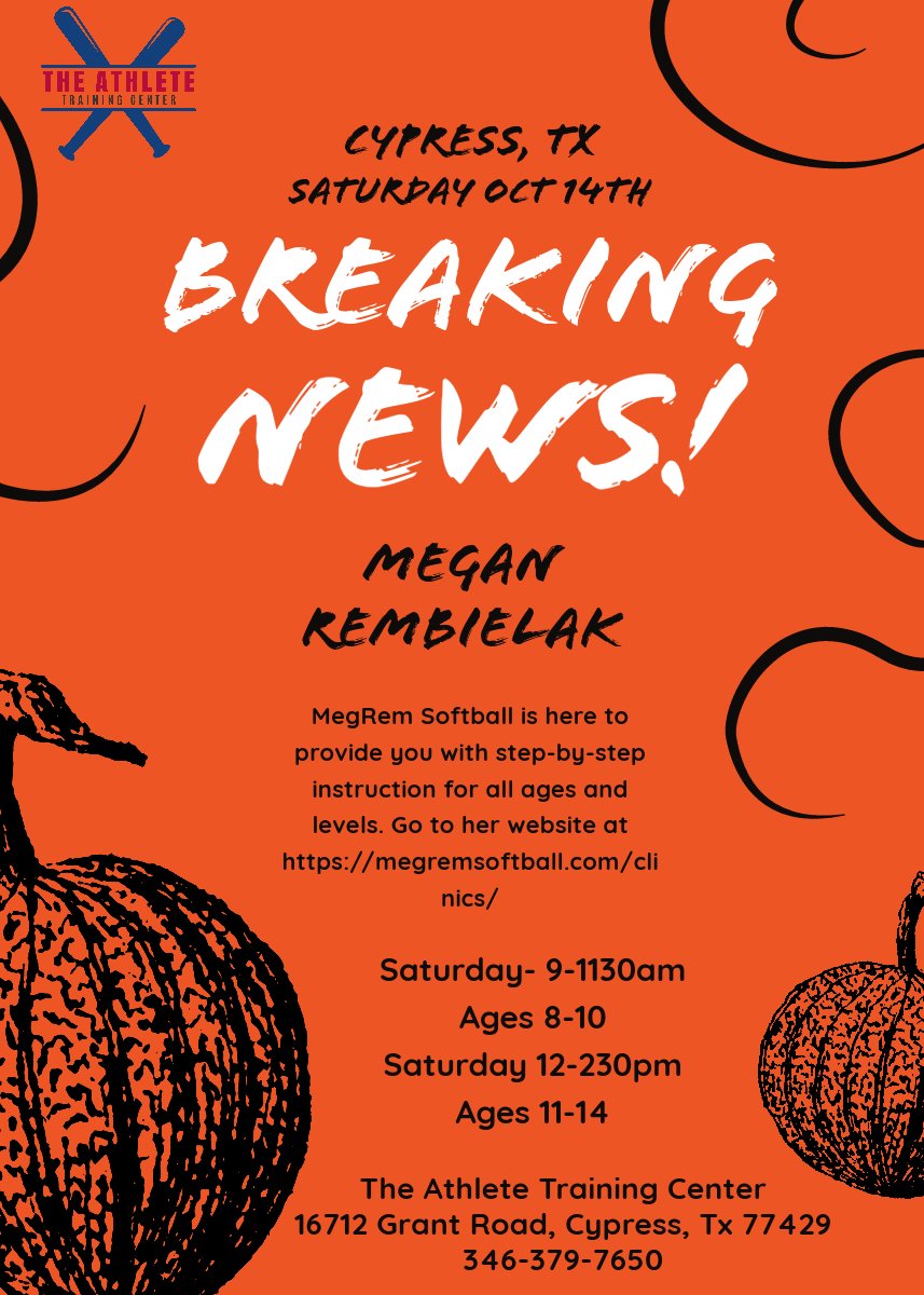 BREAKING NEWS!!!! MegRem will be HERE, OCTOBER 14TH! MegRem Softball is here to provide you with step-by-step instruction for all ages and levels. Go to her website to sign up at megremsoftball.com/clinics/ 
Saturday, Oct 14: 9-1130amAges 8-10
Saturday, Oct 14: 12-230pmAges 11-14