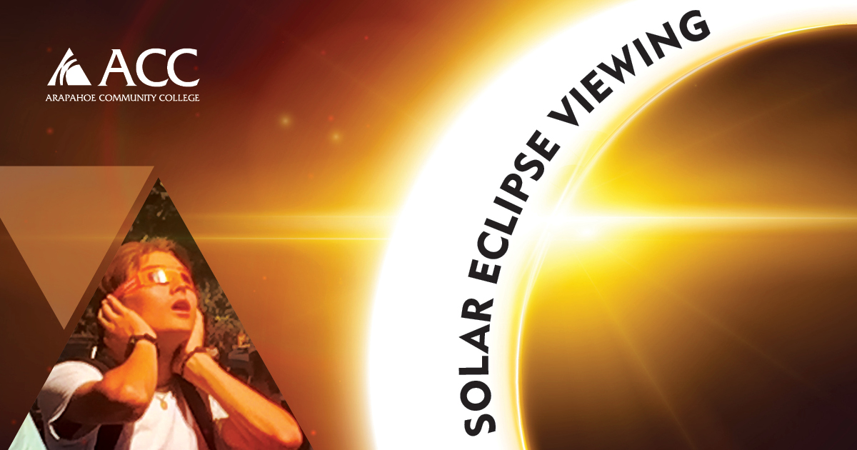 Join <a href="/AstronomyatACC/">ACC Astronomy</a> for a partial solar eclipse viewing event on Saturday, Oct. 14, from 9:00am-12:30pm (west lawn at the Littleton Campus). Free &amp; open to the public. arapahoe.edu/events