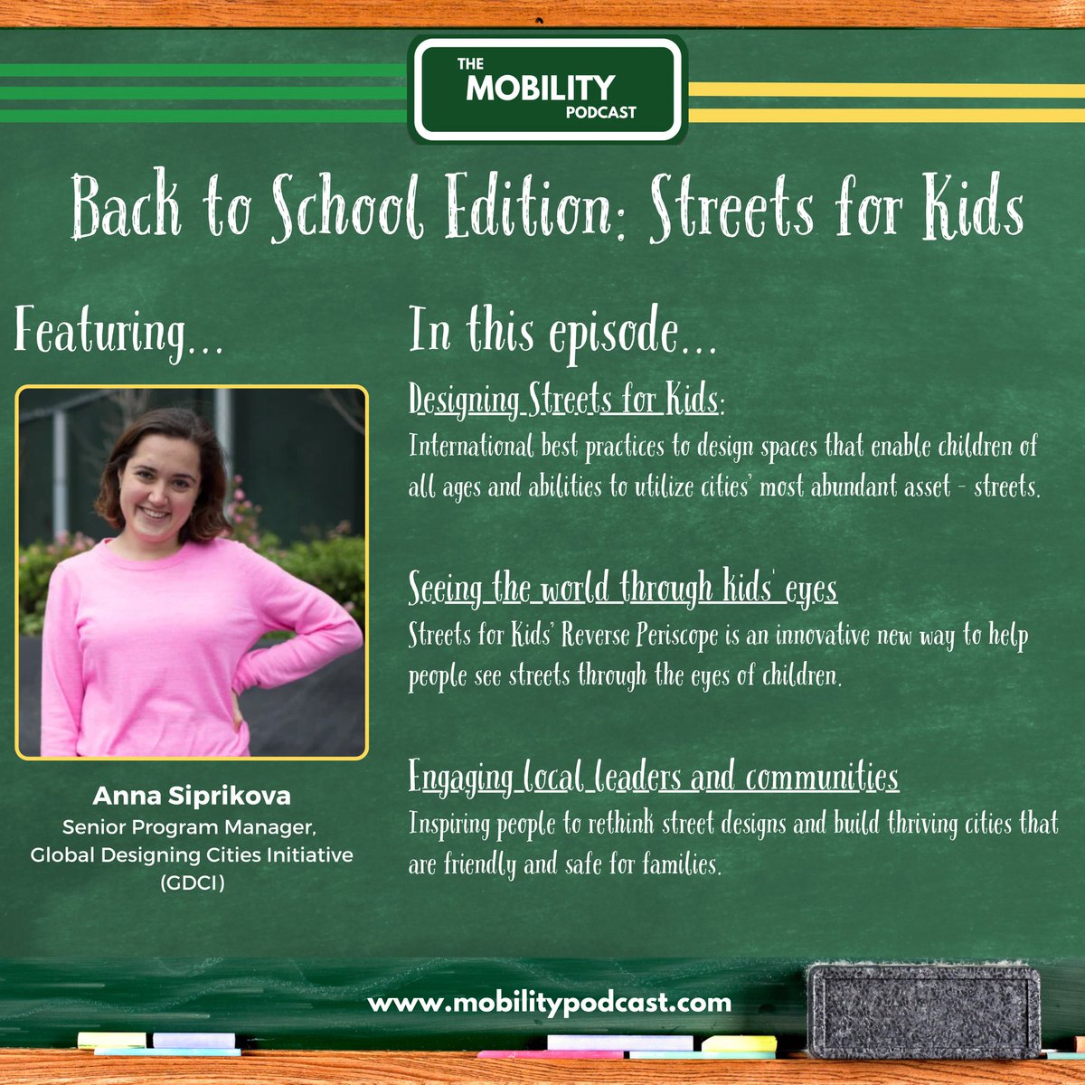 Just published a special #backtoschool edition of @MobilityPodcast, featuring Anna Siprikova of <a href="/GlobalStreets/">Global Designing Cities Initiative</a>!

We discuss the global #StreetsForKids program, their innovative reverse periscope for adults to see cities through the eyes of kids, &amp; more!

mobilitypodcast.buzzsprout.com/2237731/135937…