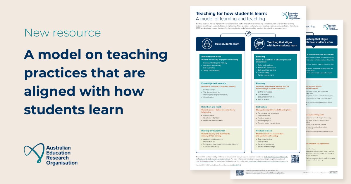 AERO's new model explains how to align student learning processes with teaching practices in 4 crucial areas. From managing cognitive load to creating a learning-focused environment, it's all about optimising the learning experience. ow.ly/PgIA50POrX7 #HowStudentsLearn