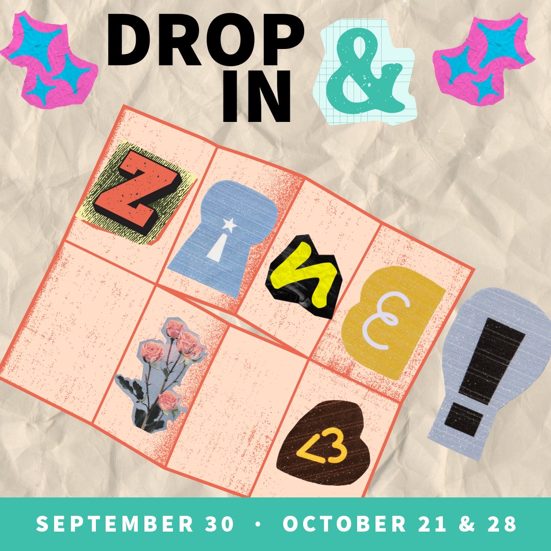Drop In &amp; Zine will be taking some breaks while our program volunteer is away (cancelled on 9/23, 10/7, and 10/14), but please join us from 5pm to 7pm on these Saturdays in September and October: 9/30, 10/21, and 10/28. More info: spark-central.org/events/drop-in…