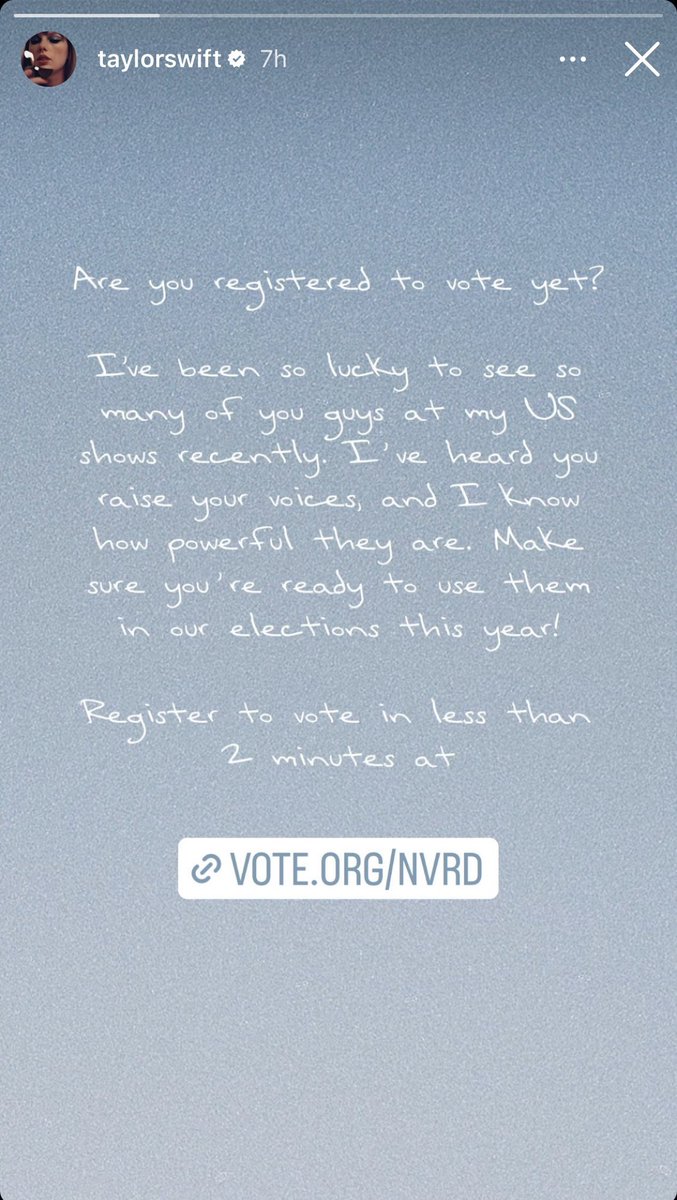 Taylor Swift’s Instagram story urging fans to register to vote garnered 35,000 new voter registrations.

This was a 115% increase of new 18-year-old voters from last year and a 22.5% increase overall.