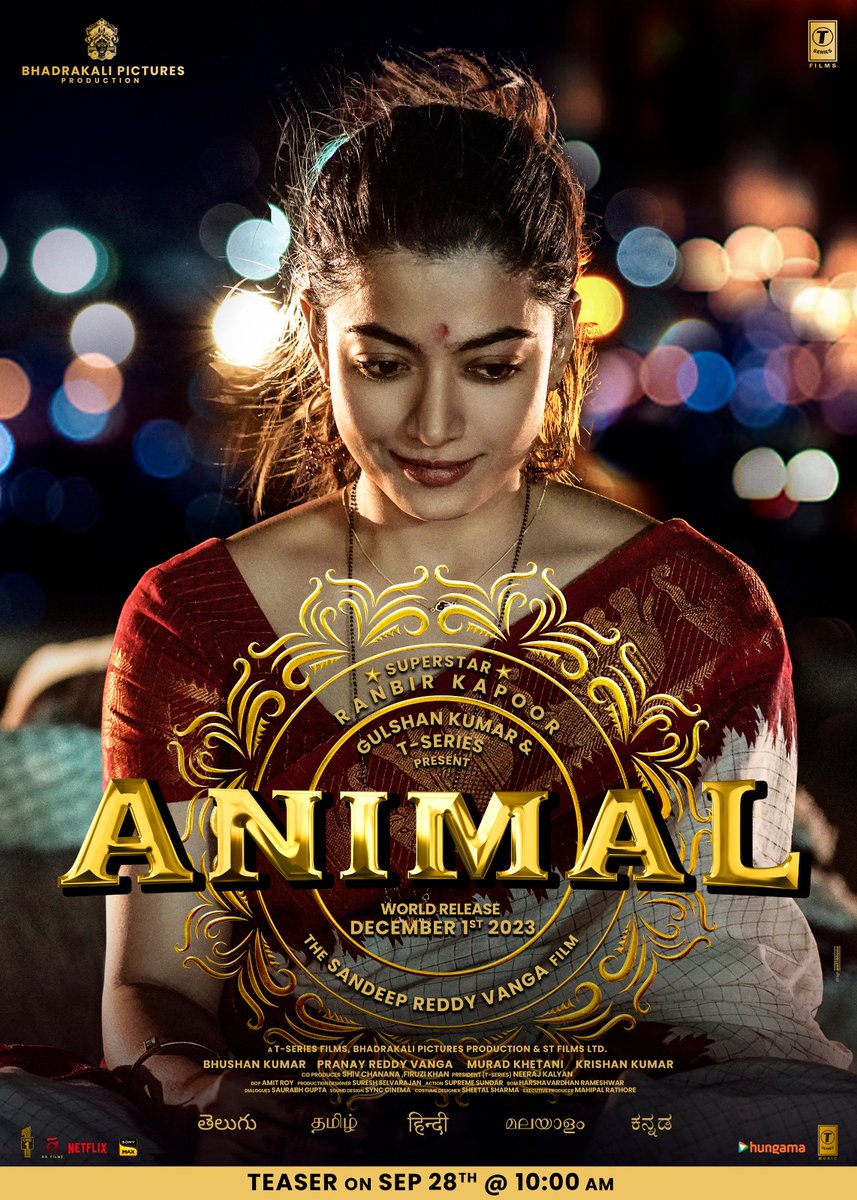 Rashmika as Geetanjali :-

#AnimalTeaserOn28thSept
#AnimalTheFilm 
#RanbirKapoor @RashmikaMandanna @bobbydeol @TriptiDimri #BhushanKumar 
@SandeepReddyVanga @PranayReddyVanga  #KrishanKumar @anilandbhanu @tseriesfilms @VangaPictures