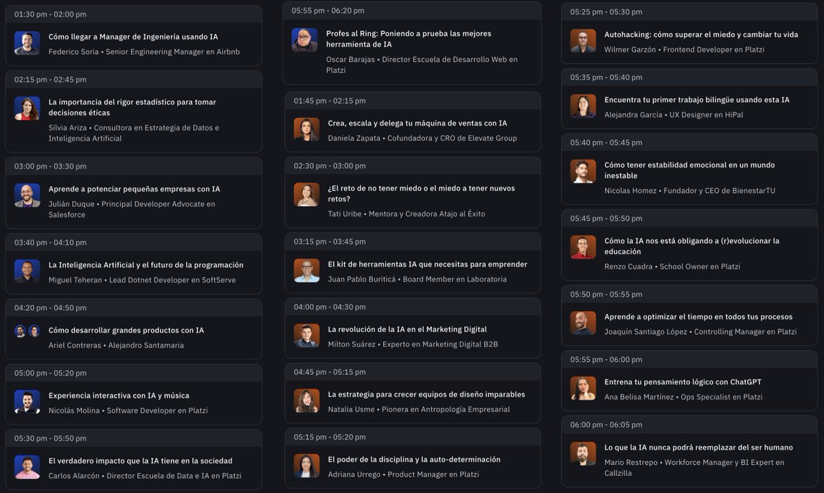 freddier's tweet image. ⭐️⭐️ PLATZICONF empieza el sábado a las 👇👇
9am 🇲🇽 🇬🇹 🇸🇻 🇨🇷 🇭🇳 🇳🇮
10am 🇨🇴 🇵🇪 🇪🇨 🇵🇦
12pm 🇨🇱 🇦🇷 🇺🇾
17h 🇪🇸
11am 🇧🇴 🇵🇾 🇩🇴 🇻🇪 🇨🇺
8am 🇺🇸 PT

La agenda de charlas en los 3 escenarios
(hora Colombia):