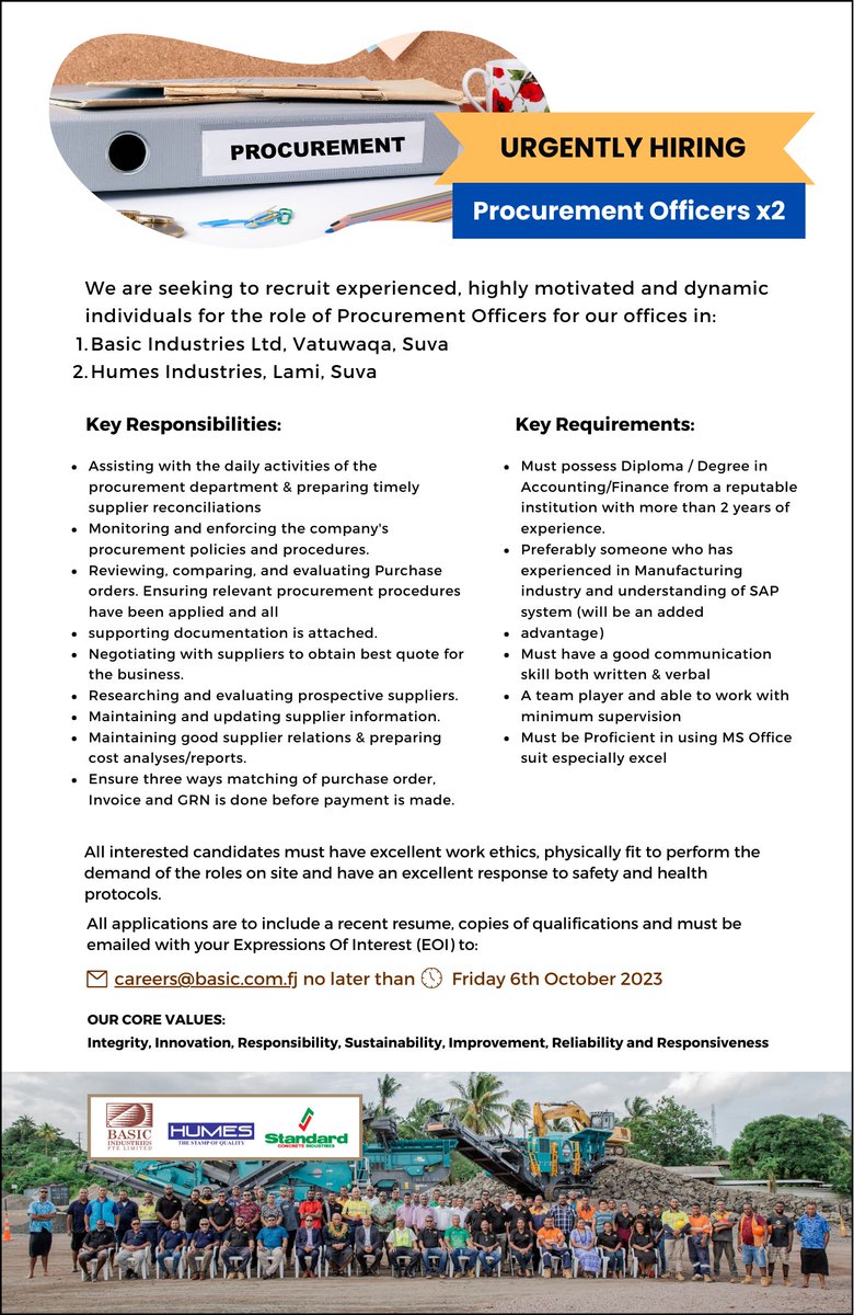 #nowhiring  2 x Procurement Officers.
Apply &amp; include a recent CV, copies of qualifications and email with your Expressions Of Interest (EOI) to: careers@basic.com.fj no later than Friday 6th October 2023.
#fiji #jobs #fijijobs #jobsearch #jobseekers #jobsinfiji #jobsfiji