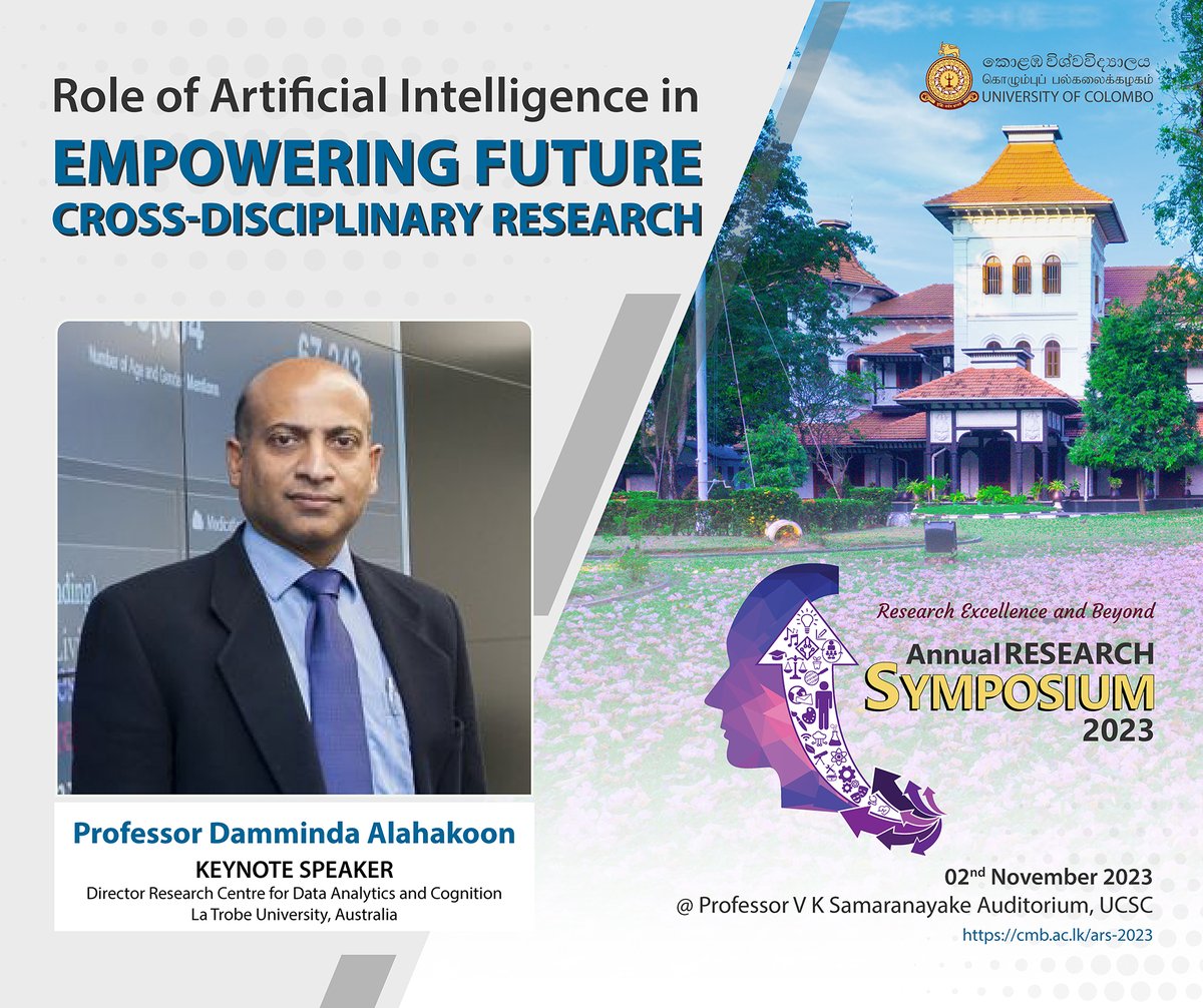 ColomboUni's tweet photo. ARS 2023 Inauguration Ceremony will be held on 2nd November 2023 at the Prof. V. K. Samaranayake Auditorium of the UCSC. We invite you to join us in this knowledge-sharing endeavour.
Read More on ARS 2023: https://t.co/mZd4f41U4U
#ars2023 https://t.co/qHNq6qZ7Rn
