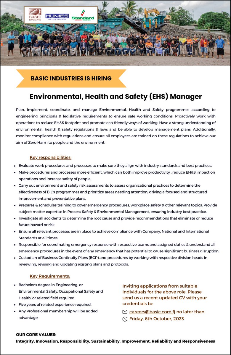 #nowhiring EHS Manager. Inviting applications with recent updated CV and credentials. Pls email  careers@basic.com.fj no later than Friday, 6th October, 2023.
#fiji #jobs #fijijobs #jobsearch #jobseekers #jobsinfiji #jobsfiji