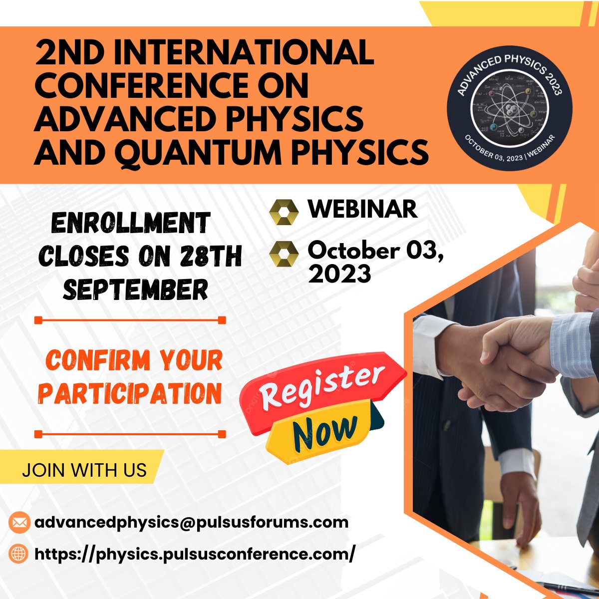 Natashamelvoin's tweet photo. We are in the process of finalizing participant details and creating the definitive schedule for the conference program.
🌐 Learn more: https://t.co/6vDgdyPFYS
Mark your calendar and stay tuned for updates! 🚀
#AdvancedPhysics2023 #PhysicsConference #webinar #Physicsmeeting https://t.co/O4qG3YToSO