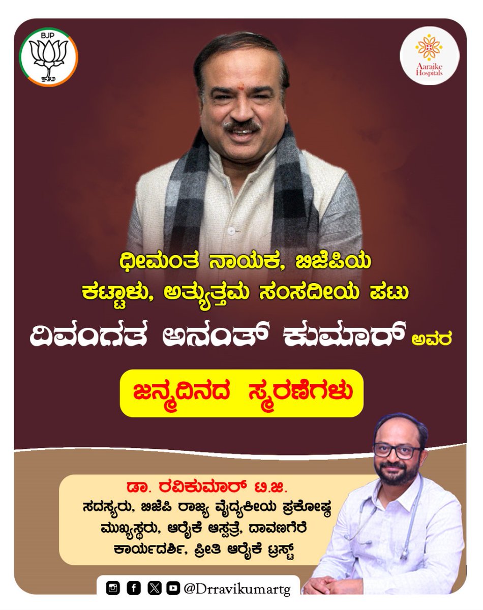 ಧೀಮಂತ ನಾಯಕ, ಬಿಜೆಪಿಯ ಕಟ್ಟಾಳು, ಅತ್ಯುತ್ತಮ ಸಂಸದೀಯ ಪಟು
 *ದಿವಂಗತ ಅನಂತ್ ಕುಮಾರ್* ಅವರ ಜನ್ಮದಿನದ ಸ್ಮರಣೆಗಳು
#BJPLeader #bjpkarnataka #bjpkaryakarta #ExMinister #central #anathkumar #drravikumartg #drravikumartg #aaraikehospital   
#bjplea