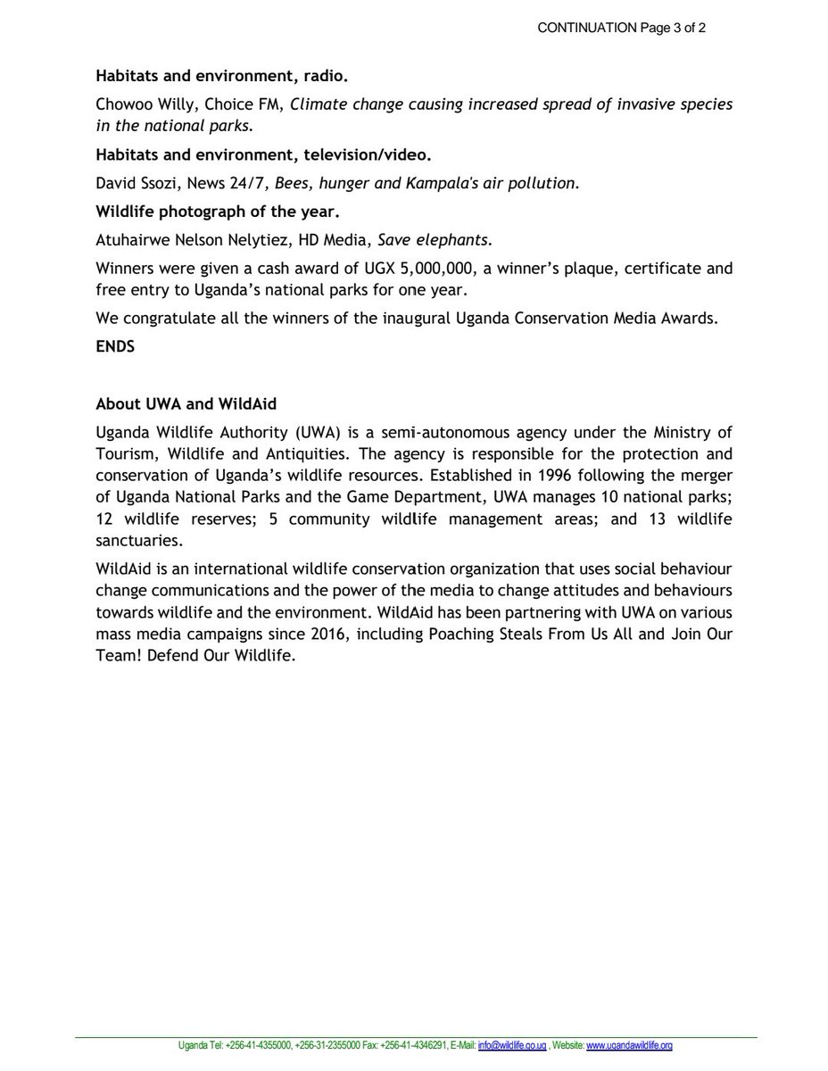 Together with our partners <a href="/WildAidAfrica/">WildAid Africa</a> <a href="/WildAid/">WildAid</a>, last night we rewarded conservation reporters in Uganda. See our detailed statement.