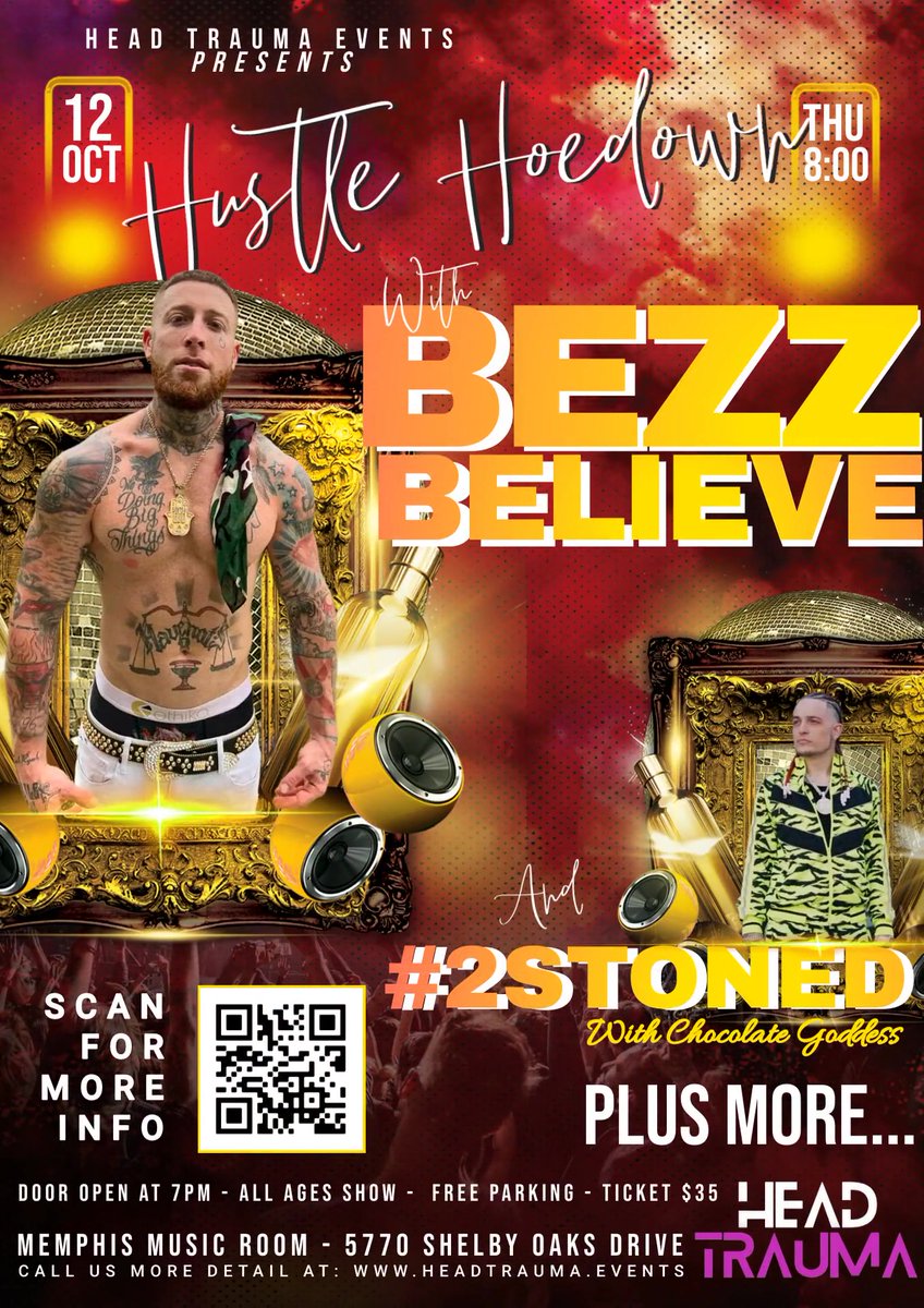 Head Trauma Events is bringing some of the most down-to-earth hip-hop hustlers to Memphis. This show features Bezz Believe, who has quickly risen in the rap music scene, and influential Texas rapper #2Stoned.

Tickets: headtrauma.events/event/the-hust…