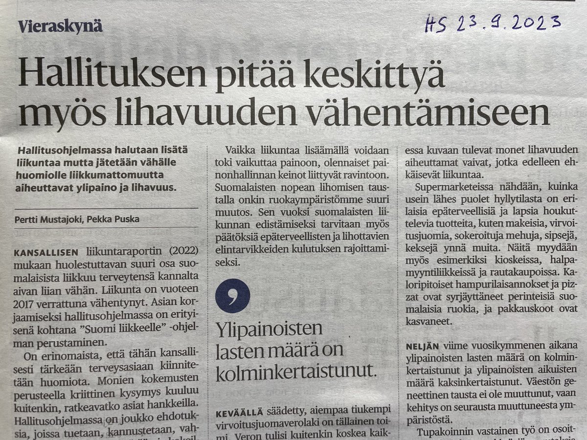 Liikunnan lisääminen tärkeää, mutta pelkät kampanjat harvoin vaikuttavat. Tulisi puuttua taustalla olevaan yleiseen ja lisääntyvään ylipainoon. Hallituksen ”Suomi liikkeelle” ohjelmaan pitäisi liittää lihavuuden torjunta ja poliittisia toimia, kuten esim. tupakoinnin torjunnassa.