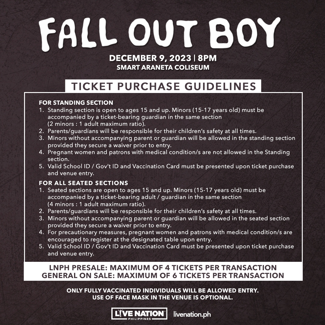 livenationph's tweet photo. This is it! LNPH Presale for Fall Out Boy Live in Manila is happening TODAY from 10am to 11:59pm.

To access, simply sign up at https://t.co/W363tvv92f and log in to your account.  

📆Dec 9, 2023
📍Smart Araneta Coliseum

#FOBinManila https://t.co/jjJswXRdSD