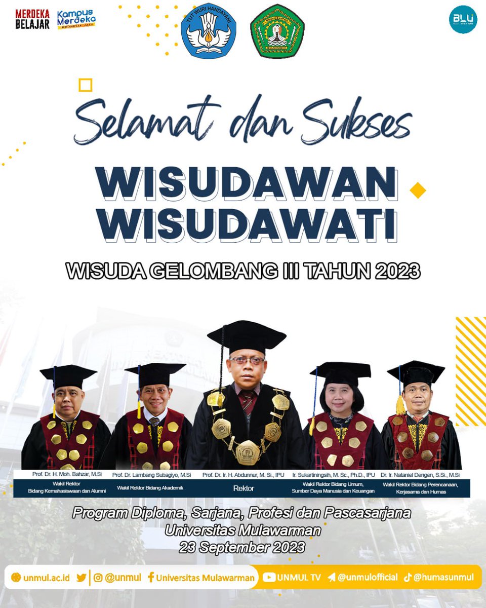 Rektor &amp; Sivitas Akademika Universitas Mulawarman mengucapkan Selamat &amp; Sukses kepada Wisudawan/i pada Wisuda Program Diploma, Sarjana, Profesi, dan Pascasrjana Universitas Mulawarman Gelombang III Tahun 2023.

#UNMULHebat #DiesNatalis61UNMUL #BuatUNMULBangga #UNMUL #WisudaUNMUL