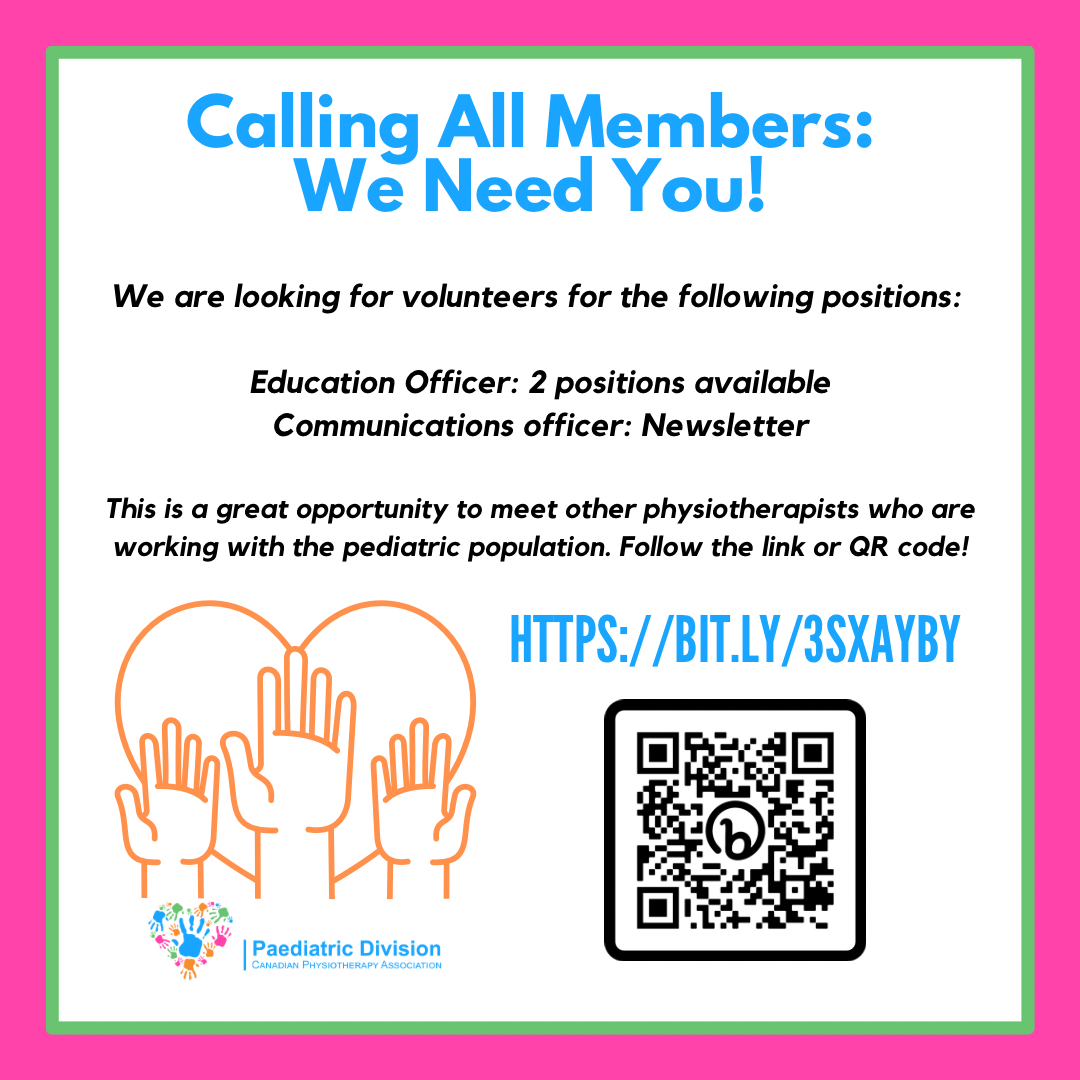 Volunteer with us! Follow the link in the image to provide us with your info, or scan the QR code to fill the form out! bit.ly/3sXAYbY #physiotherapy #paediatrics #CPA #Canada #physio #kids #abilities #Canadiankids #professional #knowledgetranslation #volunteer