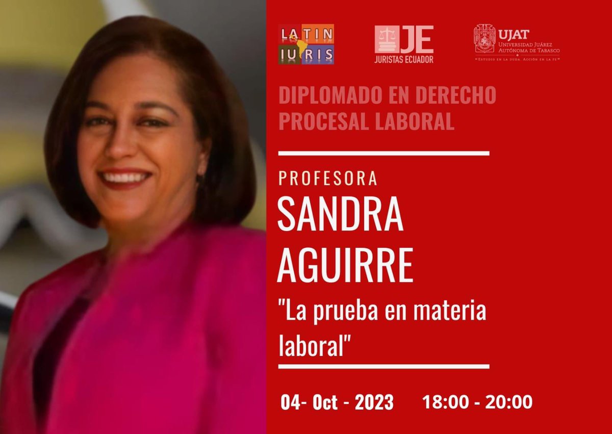 La Dra. Sandra Aguirre, jueza provincial del Azuay en la Sala de lo Laboral, nos acompañará como docente del Diplomado en Derecho Procesal Laboral donde abordará el tema "La prueba en materia laboral".

Inscripción GRATUITA en el siguiente link: forms.gle/2oFPgA5YmtEZH3…
👨🏾‍💻👩‍💻👩‍⚖️