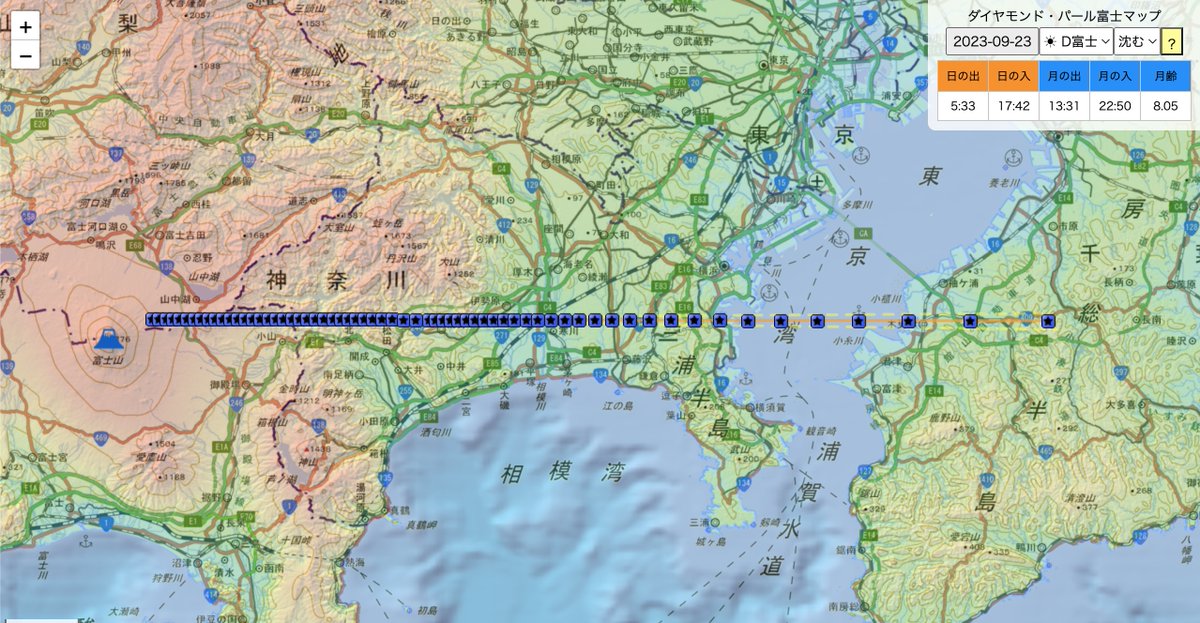 TakahitoYagami's tweet image. 自分の撮影に役立つものを開発しているので、撮影地で会った方と話す中で紹介すると、めちゃくちゃ喜ばれる事があります。同じ被写体を狙う人は同じ悩みを持つものです。

神奈川・千葉あたりでD富士が見える時期です。
ダイヤモンド・パール富士マップ
略して #dpfm です！
dpfm.creazy.net