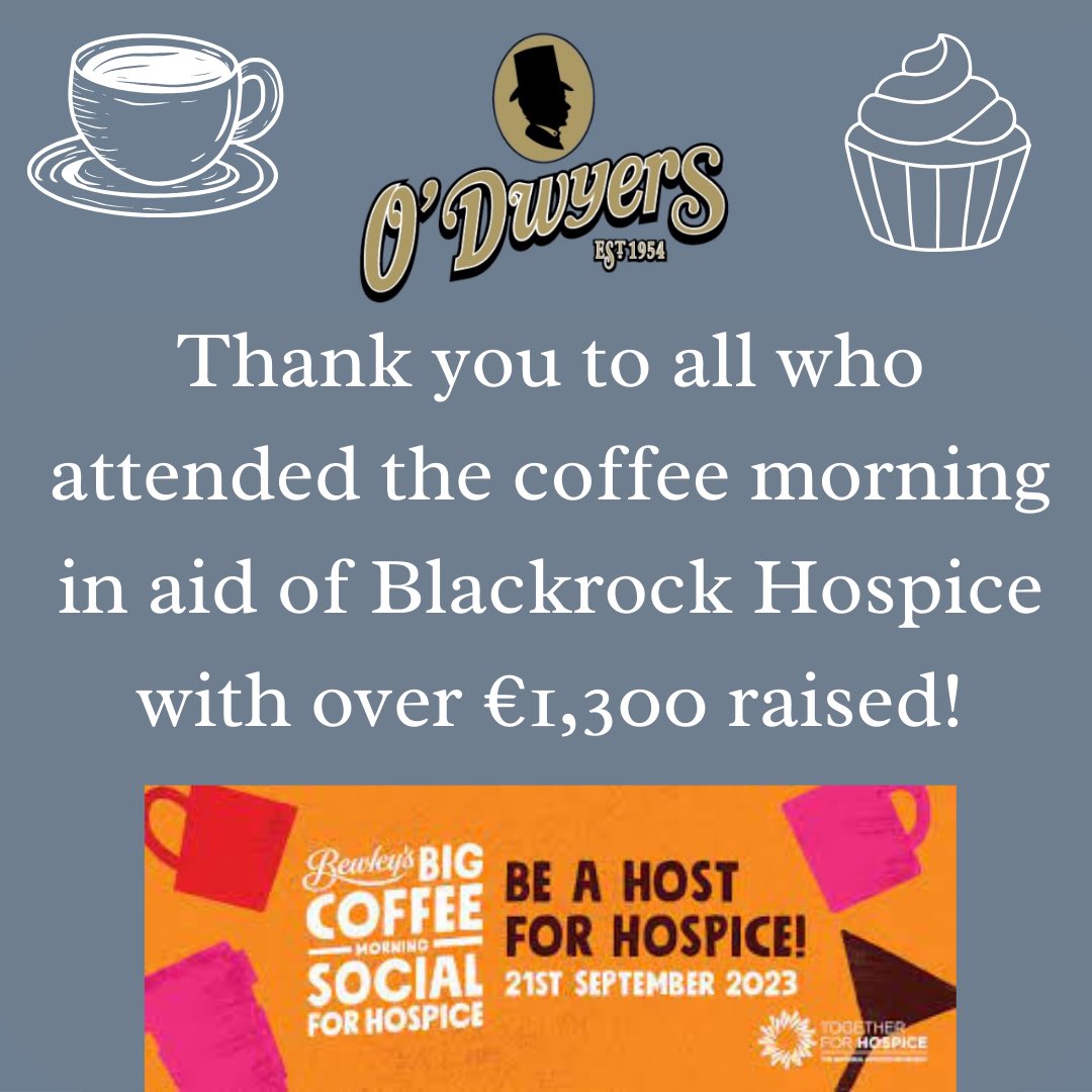 Thank you to all who attended the coffee morning in aid of Blackrock Hospice. We raised over €1,300 from your generous donations to support the wonderful hospice care provided by Our Lady’s Hospice & Care Services. Thank you 🙏 #TogetherForHospice #coffeemorning