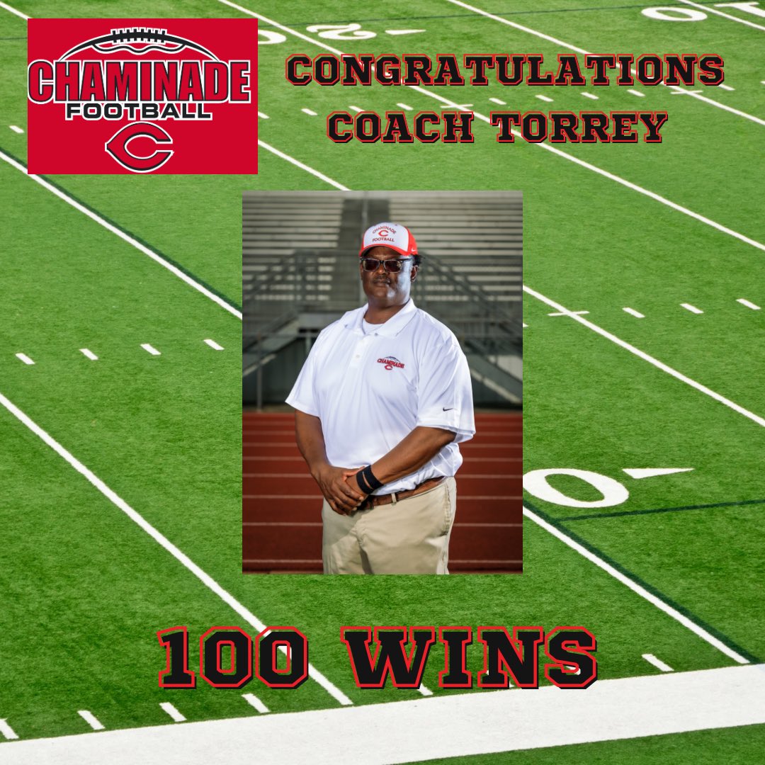 With <a href="/ccpfootballteam/">Chaminade Football</a>’s victory tonight, Coach Torrey has recorded his 100th victory. Congrats, Coach! #EstoVir
