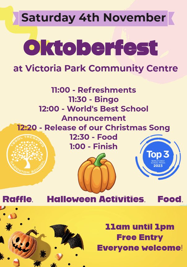 Cadoxton Primary (@cadoxtonps) on Twitter photo Save the date! 🎃
Saturday 4th November 11-1
Oktoberfest at Cadoxton! 
Halloween themed activities, launch of our Christmas single and delicious food! 
Free entry. Pay as you feel food. 
Everyone welcome! Save the date! 🎃
Saturday 4th November 11-1
Oktoberfest at Cadoxton! 
Halloween themed activities, launch of our Christmas single and delicious food! 
Free entry. Pay as you feel food. 
Everyone welcome!