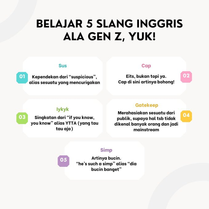 xerpihan's tweet photo. Emang boleh se-Gen Z iniiiii?????๐ฅฒ๐๐ญ
No cap, baca ini 1 menit dijamin bikin kamu gaul seketika! No more gatekeeping! Semuanya berhak untuk bisa mingle with gen Z on the internet!!! ๐
๐
๐
๐
#genz #slang #slay #learnenglish #belajaringgris #belajarbahasainggris #bercyanda #iykyk #simp