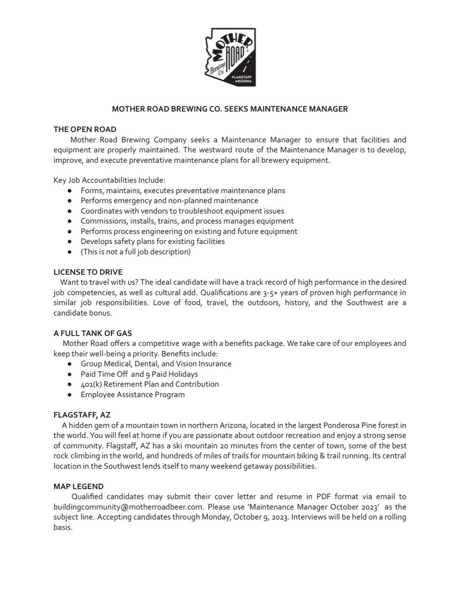 Mother Road Brewing (@motherroadbeer) on Twitter photo Do you or someone you know want to join the Mother Road Crew? Send your resume and cover letter to buildingcommunity@motherroadbeer.com to apply! #breweryjobs Do you or someone you know want to join the Mother Road Crew? Send your resume and cover letter to buildingcommunity@motherroadbeer.com to apply! #breweryjobs