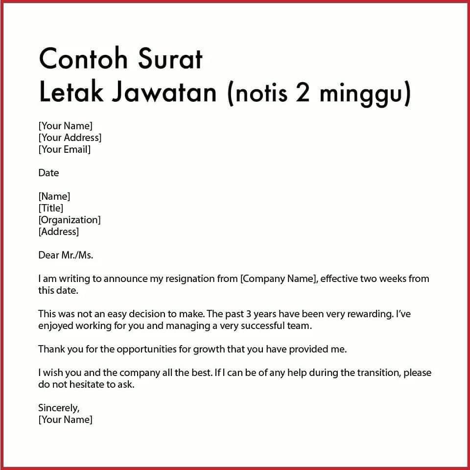 freshgradkerja's tweet photo. Resignation letter. 

24 hours notice
2 weeks notice
1 month notice
Example in bahasa.

RT &amp; Share https://t.co/qDjl9lDqct