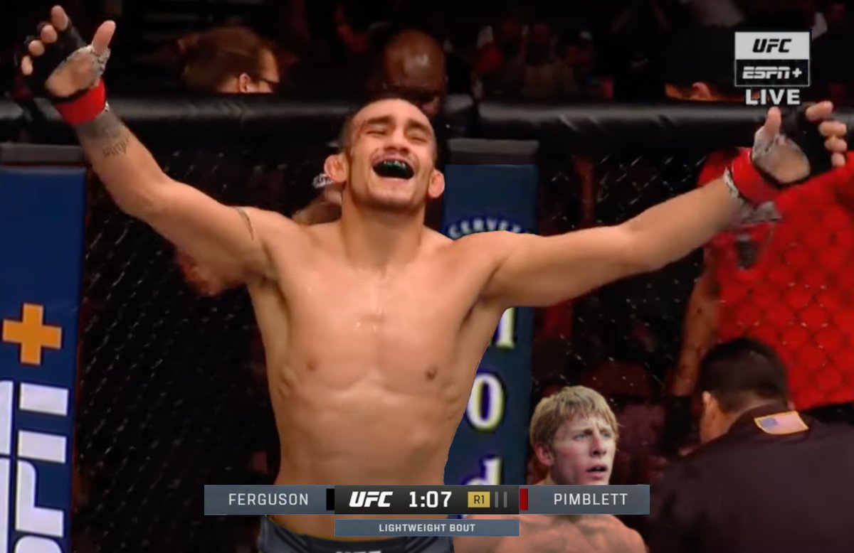 connerburks's tweet image. "MY GOD TONY FERGUSON! EL CUCUY ANKLE PICKS PADDY PIMBLETT IN THE VERY FIRST ROUND! THE LOSING STREAK IS OVER! THE CROWD IS GOING WILD"