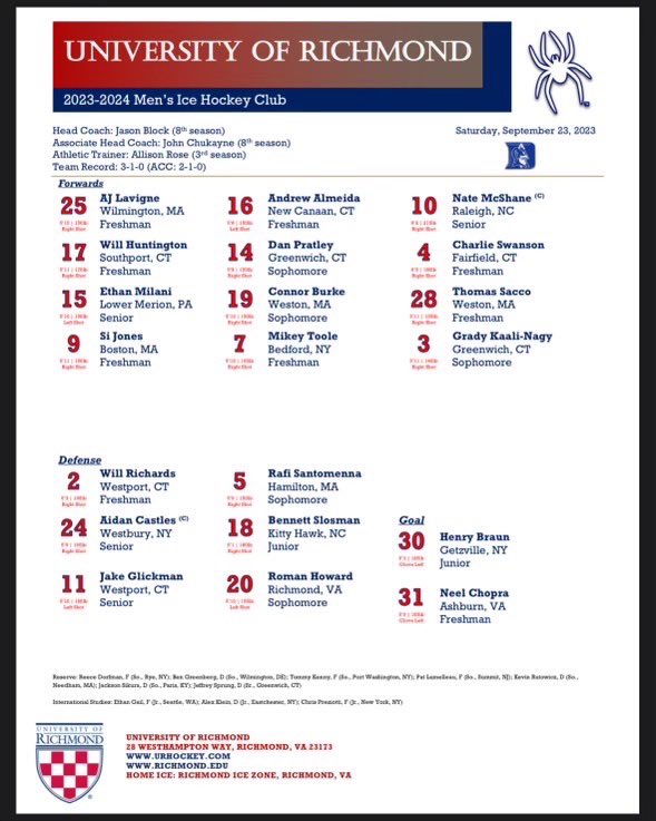 URHockey's tweet image. Spiders head down to NC for a McShane home game tomorrow as they take on Duke in a huge matchup to move to 4-1 on the season. Here’s the lineup for tomorrows matchup