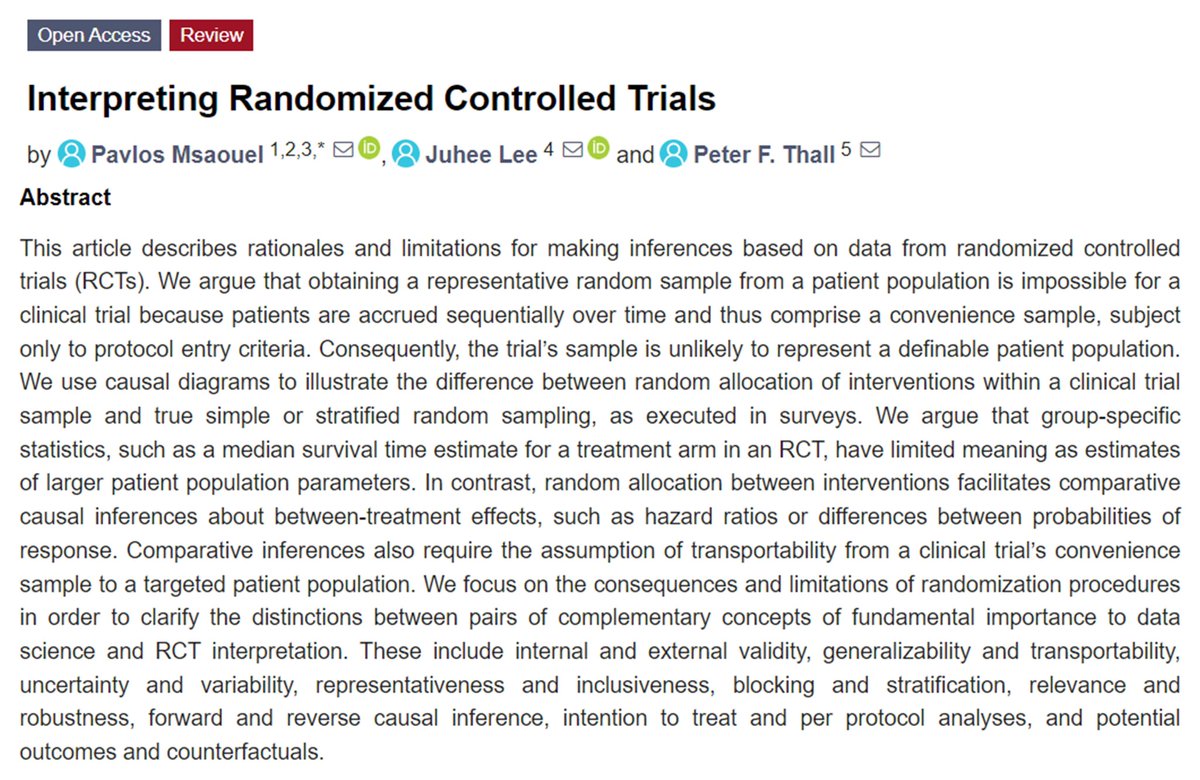 1/4 Just published our review on how to interpret RCTs focusing on key concepts such as sampling & allocation, uncertainty & variability, relevance & robustness, intention to treat & per protocol, potential outcomes & counterfactuals 👉 mdpi.com/2072-6694/15/1…